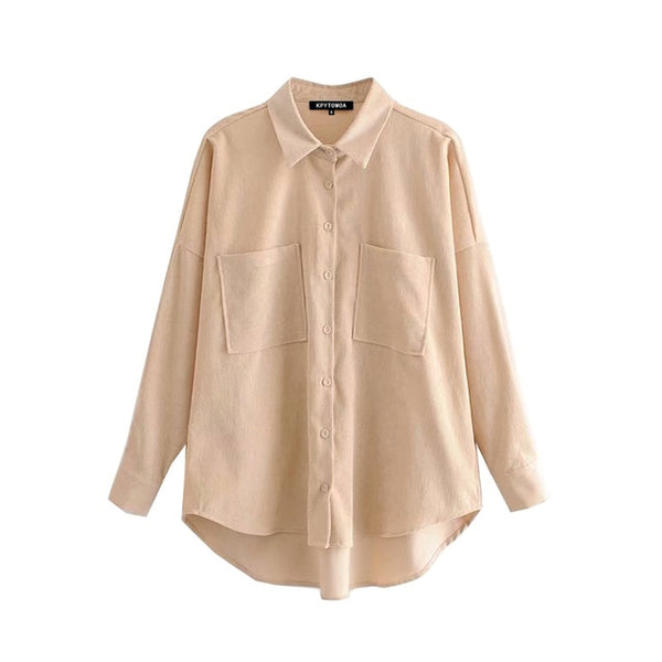 KPYTOMOA Women Fashion Pockets Oversized Corduroy Shirts Vintage Long Sleeve Asymmetric Loose Female Blouses Chic Tops