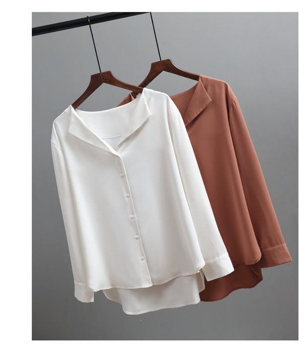 Fashion Long Sleeve Chiffon Blouse Women Brown White Shirts Tunics for Women Office Style Silk Shirt Woman Blouse 5104 50