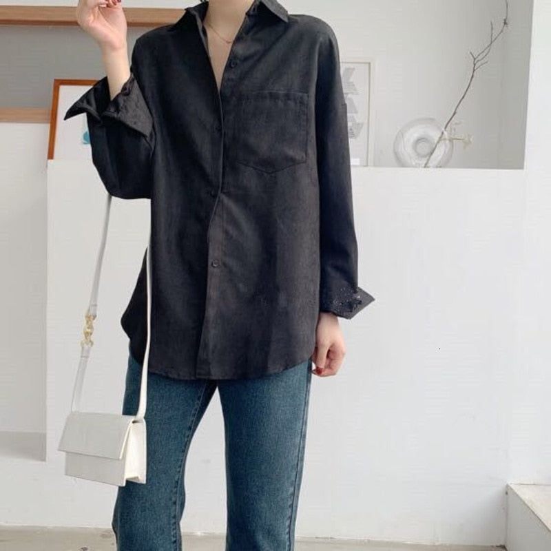 Lizkova White Blouse Women Long Sleeve Oversized Green Shirt Female Spring Pocket Official Tops Blusas Roupa 8866