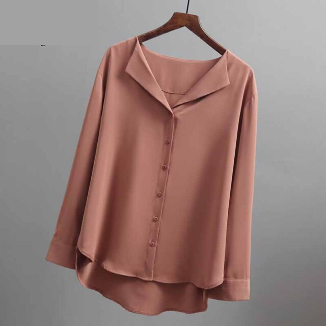 Fashion Long Sleeve Chiffon Blouse Women Brown White Shirts Tunics for Women Office Style Silk Shirt Woman Blouse 5104 50