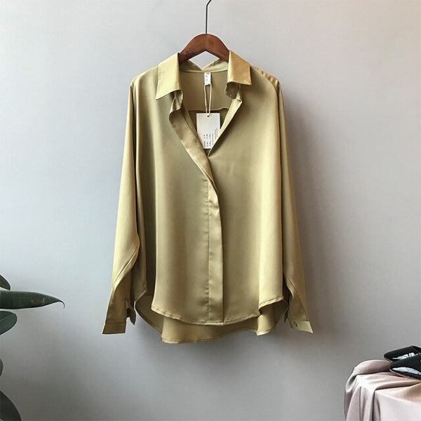 Spring V-Neck Street Shirts Elegant Imitation Silk Blouse Women Fashion Long Sleeves Satin Blouse Vintage Femme  5273 50