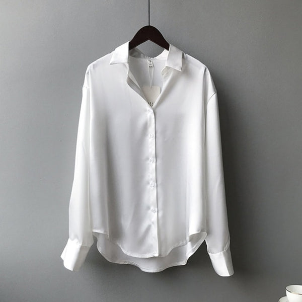 Silk Korean Office Ladies Elegant Shirt Blouse Women Fashion Button Up Satin Shirt Vintage White Long Sleeve Shirts Tops