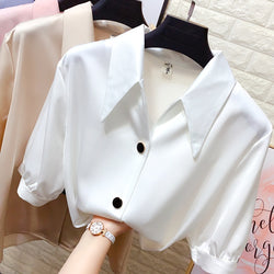 Lantern sleeve satin shirt female plus size summer new style Korean design sense OL professional wear loose casual chiffon shirt