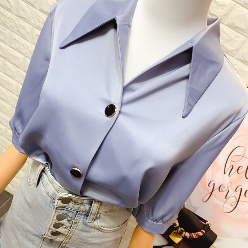 Lantern sleeve satin shirt female plus size summer new style Korean design sense OL professional wear loose casual chiffon shirt