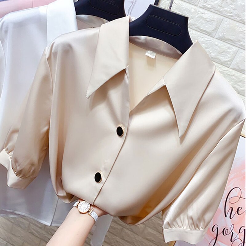 Lantern sleeve satin shirt female plus size summer new style Korean design sense OL professional wear loose casual chiffon shirt