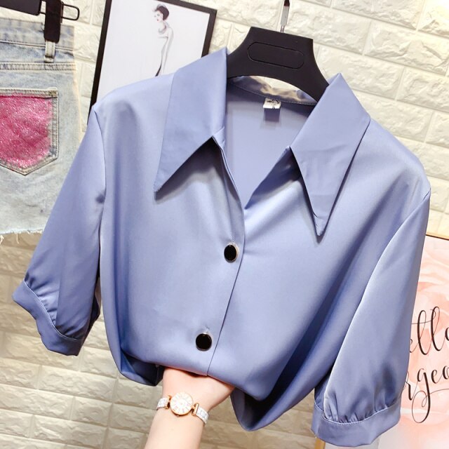 Lantern sleeve satin shirt female plus size summer new style Korean design sense OL professional wear loose casual chiffon shirt