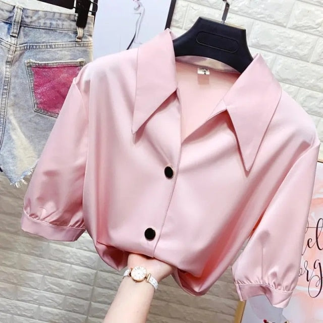 Lantern sleeve satin shirt female plus size summer new style Korean design sense OL professional wear loose casual chiffon shirt