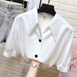 Lantern sleeve satin shirt female plus size summer new style Korean design sense OL professional wear loose casual chiffon shirt