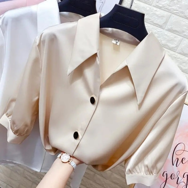 Lantern sleeve satin shirt female plus size summer new style Korean design sense OL professional wear loose casual chiffon shirt