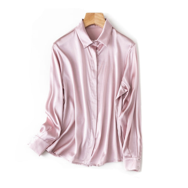 SuyaDream Woman Solid Shirt 93%Silk 7%Spandex Satin Long Sleeves Chic Blouse Shirt Spring Autumn Office Lady Shirt