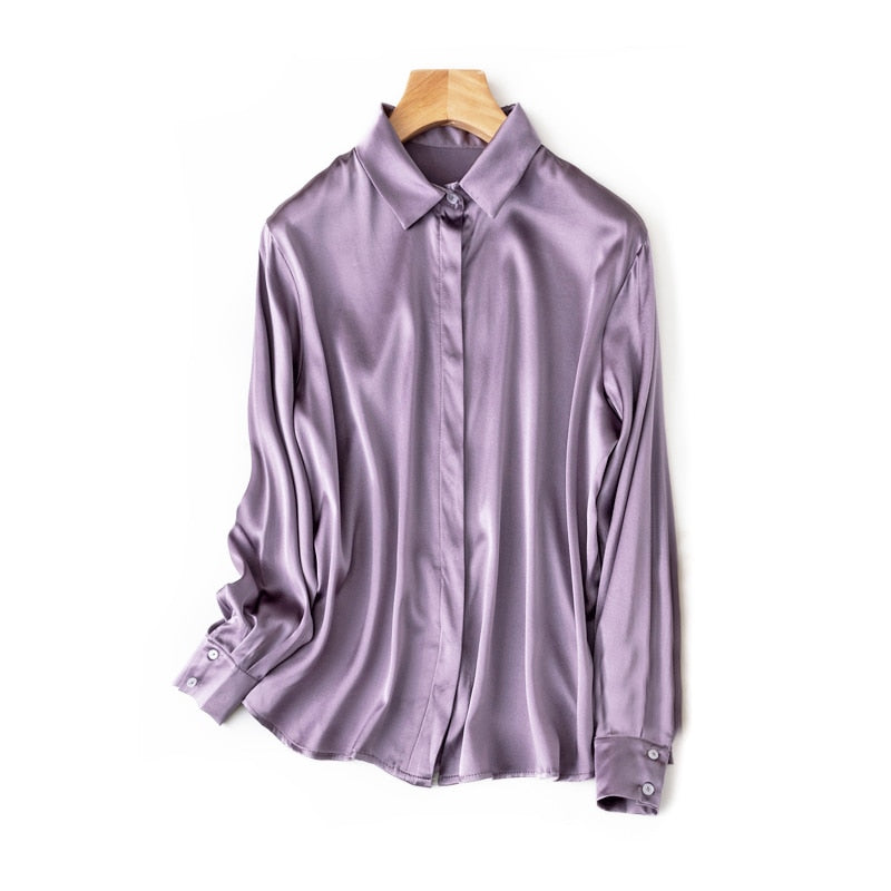 SuyaDream Woman Solid Shirt 93%Silk 7%Spandex Satin Long Sleeves Chic Blouse Shirt Spring Autumn Office Lady Shirt