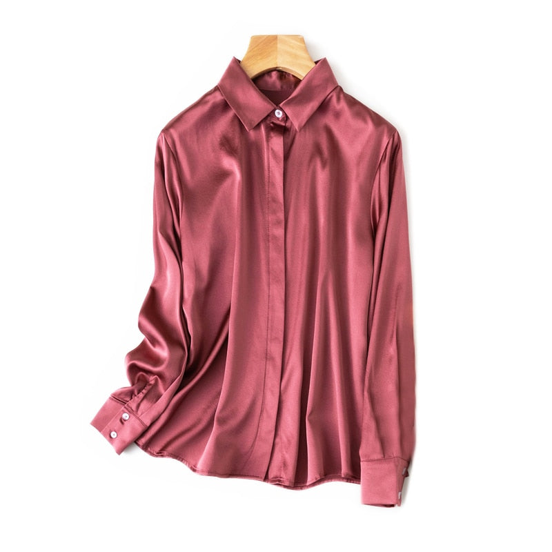 SuyaDream Woman Solid Shirt 93%Silk 7%Spandex Satin Long Sleeves Chic Blouse Shirt Spring Autumn Office Lady Shirt