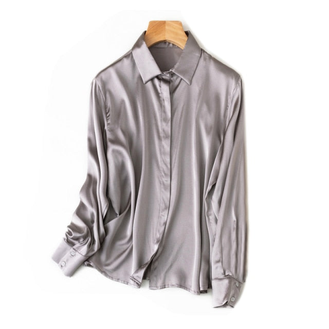 SuyaDream Woman Solid Shirt 93%Silk 7%Spandex Satin Long Sleeves Chic Blouse Shirt Spring Autumn Office Lady Shirt