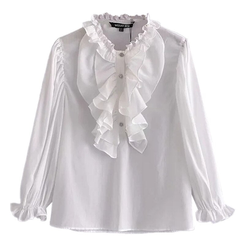 WESAY JESI Women's Blouses White Shirts Ruffles Vintage Puff Sleeve Spring Bottoming Shirt Professional Fitting Lace Casual Top